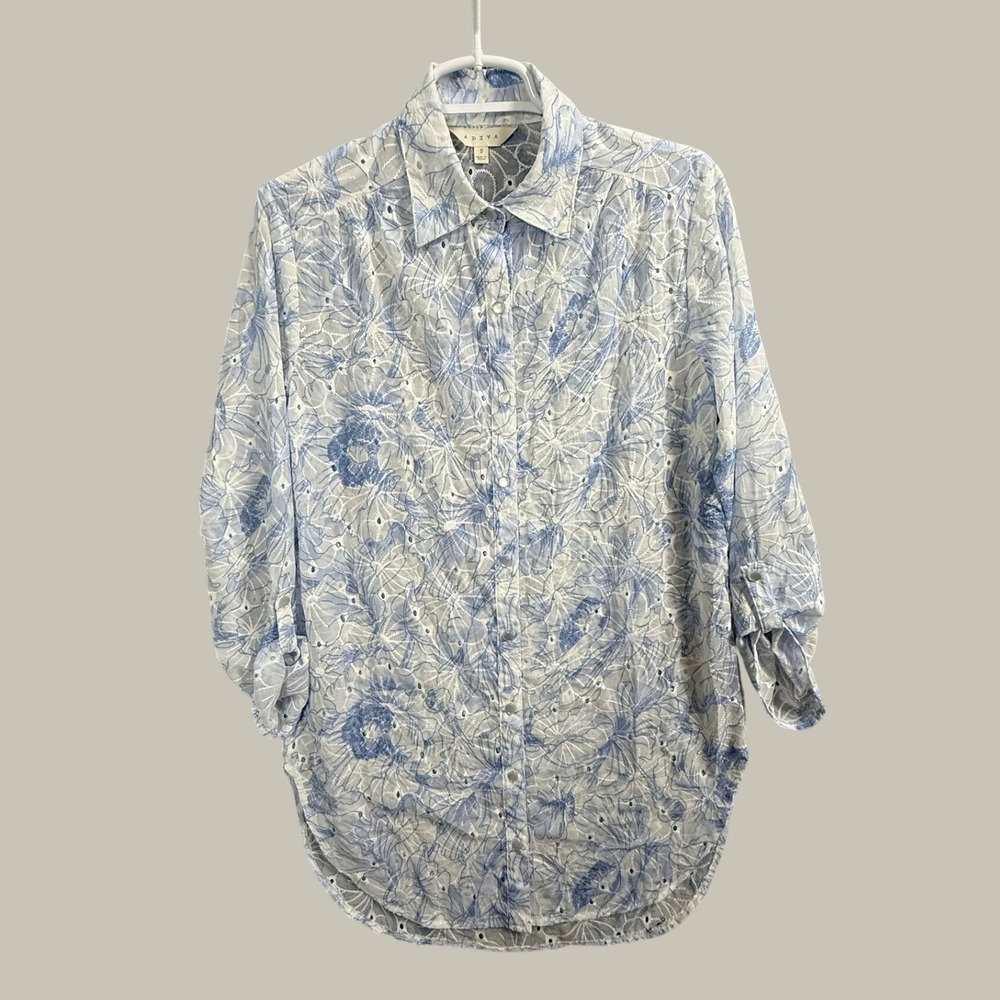 Adiva Womens Small Blue White Floral Eyelet Roll Tab Sleeve Button Down Shirt